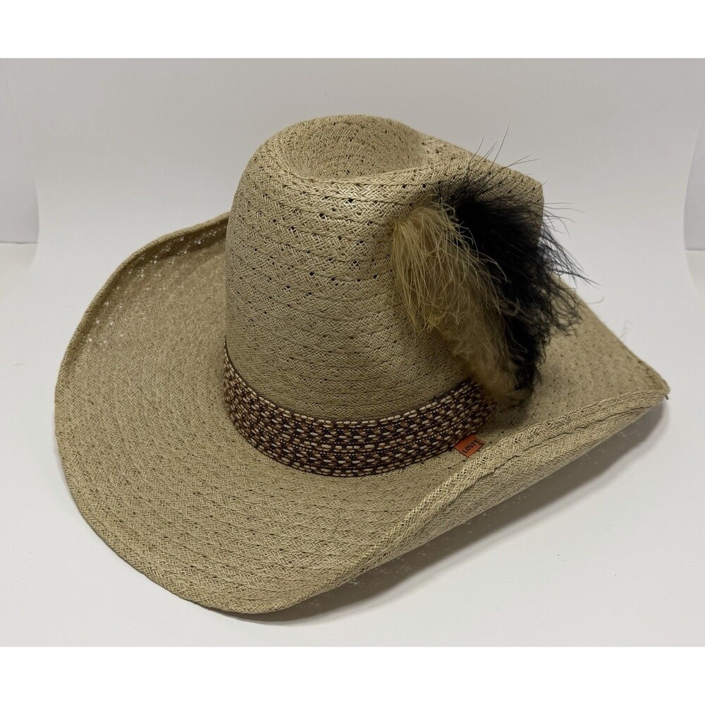 Vintage 70s Levis Orange Tab Straw Cowboy Hat 7 1/8 Feather Band USA 481-99